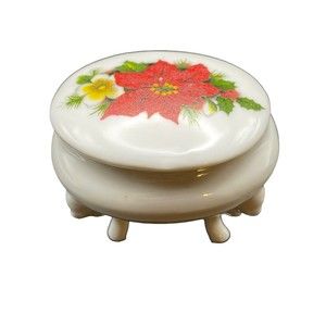 VTG Porcelain Poinsettia Red Green White Footed Trinket Box